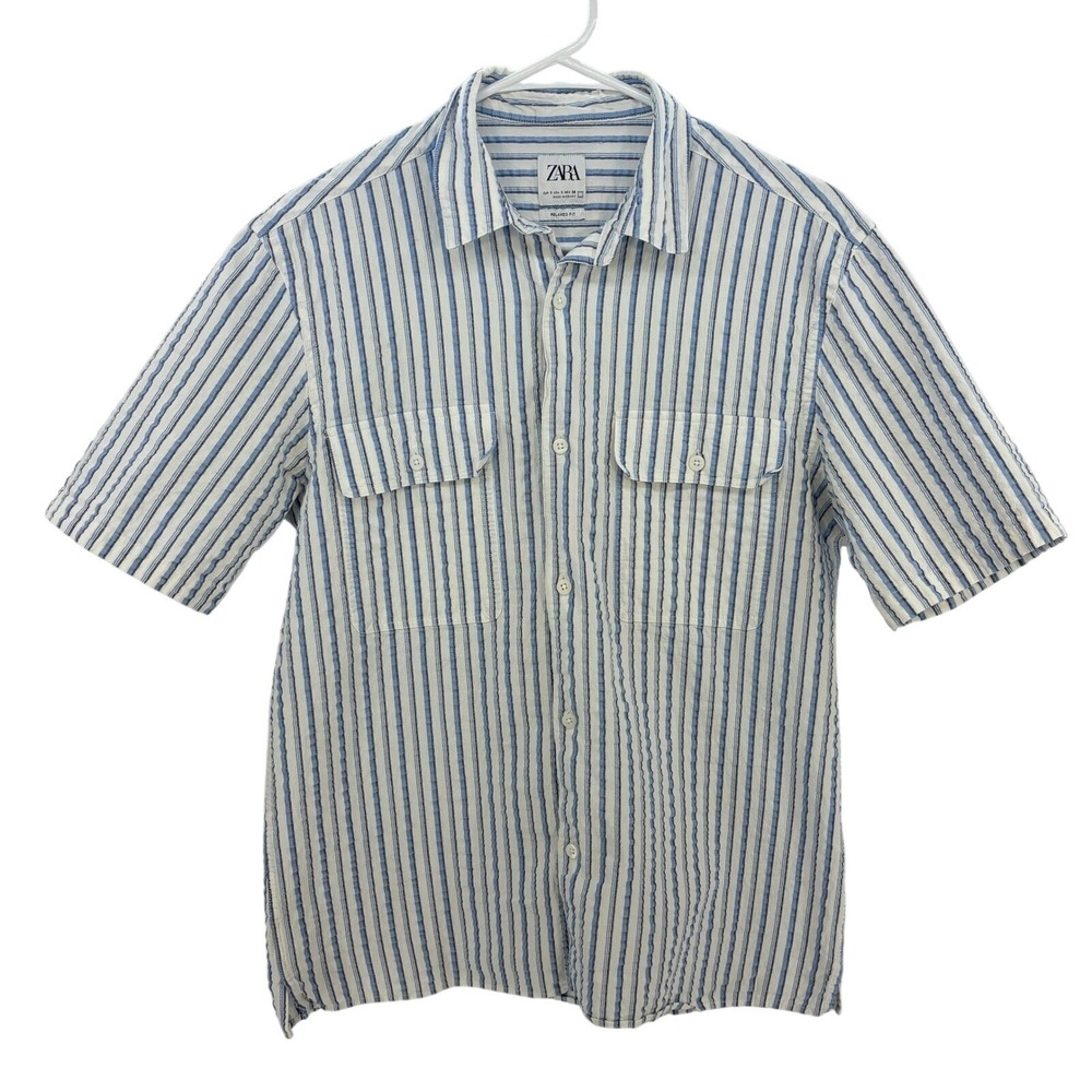 ZARA Striped Button Down Shirt Mens Small Blue White Relaxed Fit Coastal Preppy